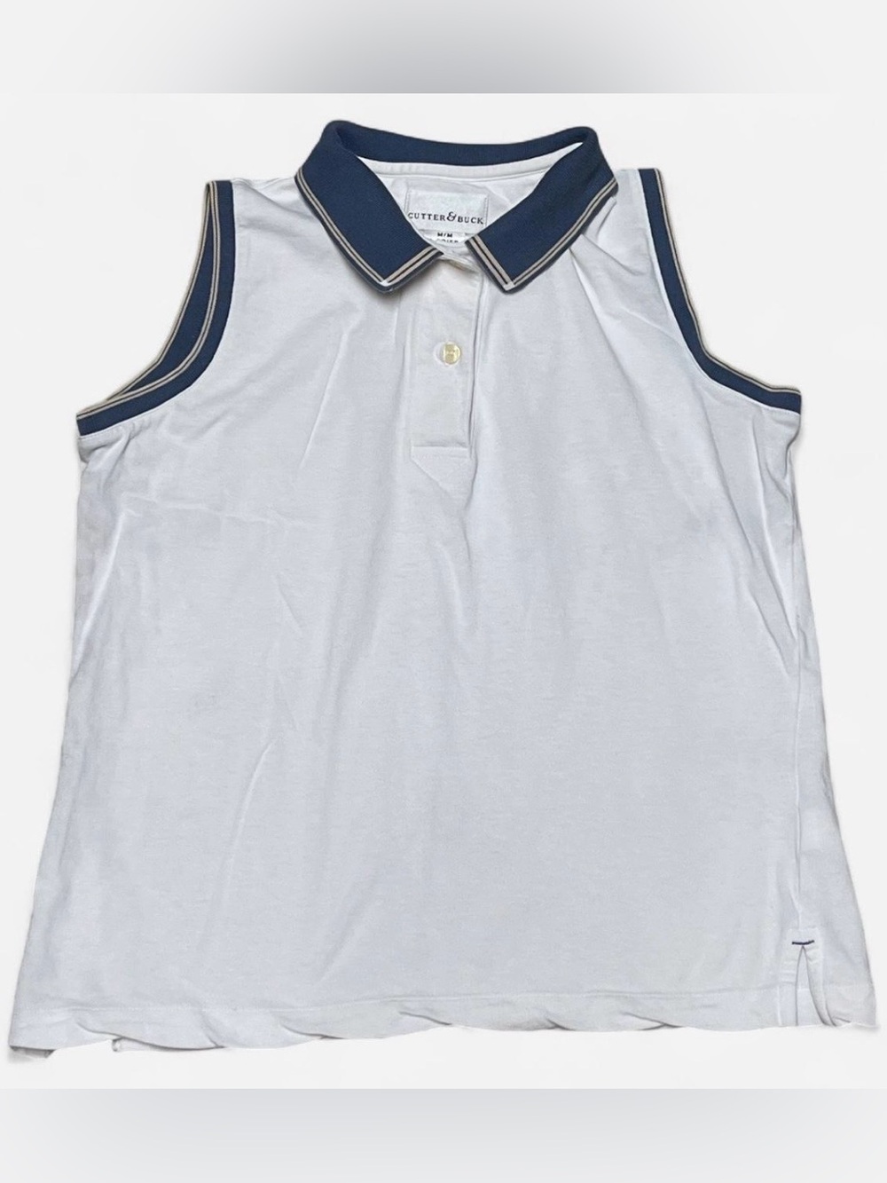 Cutter & Buck White Sleeveless Golf Polo with Blue Collar, Woman’s Medium